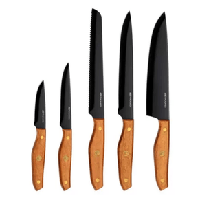 Jogo De 5 Facas Hanzzo Wood em Aço Inox Lâmina Preta