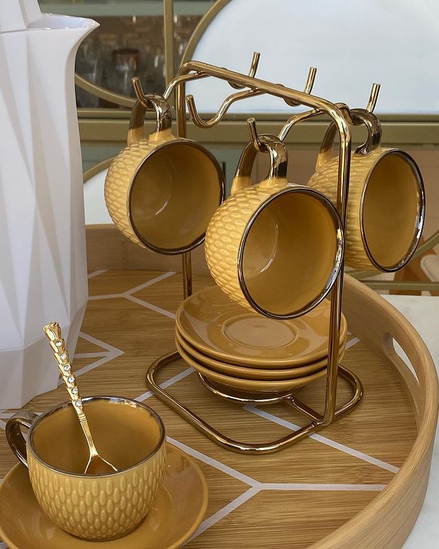 Jogo de 6 Colheres Sobremesa Zamac Spring Dourado com Pedra Luxo