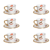 Jogo de 6 Xicaras para Chá com Pires Toys Christmas Natal Branco e Dourado 200ml