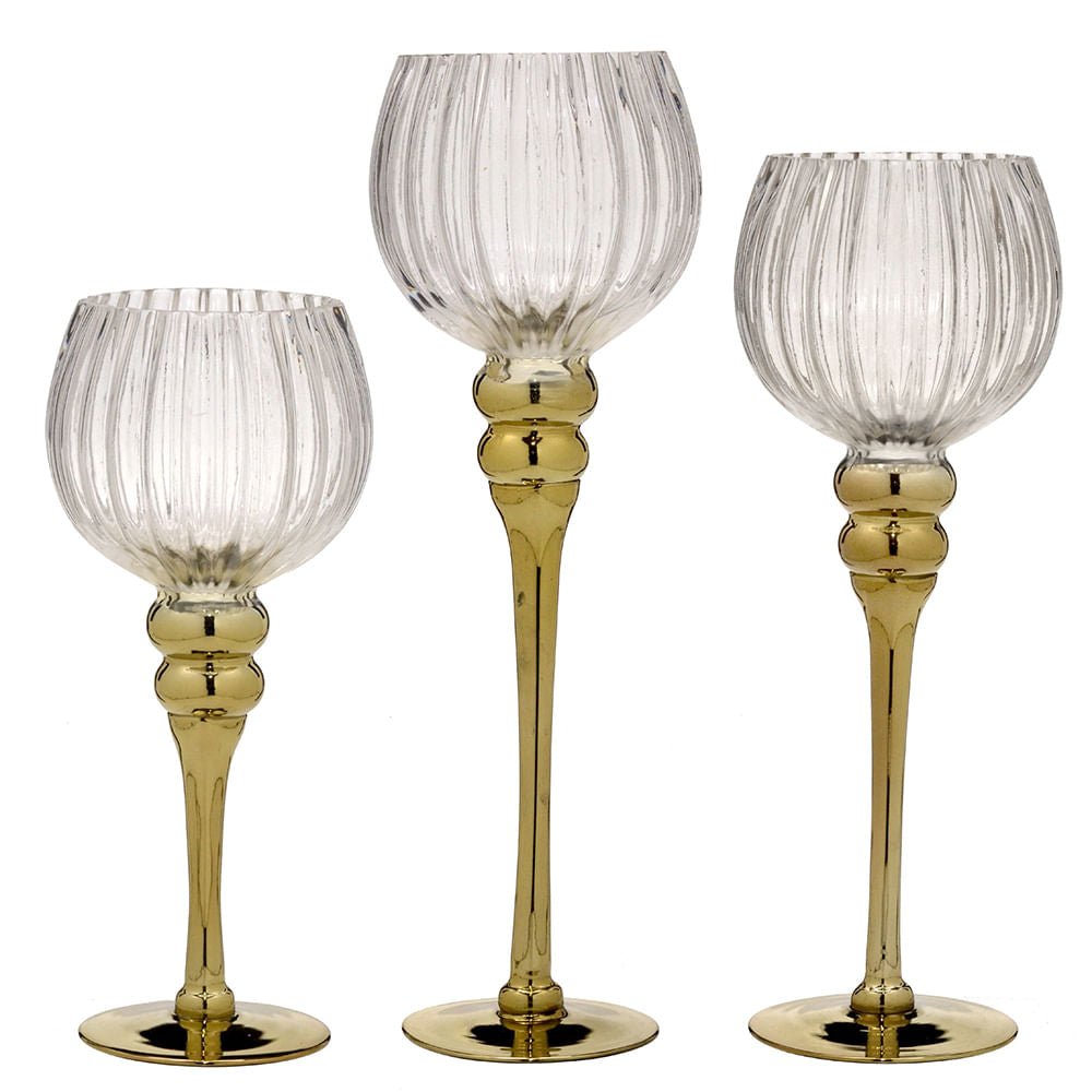 Jogo de Candelabros de Vidro Castiçal Transparente e Dourado 3 Peças 40cm
