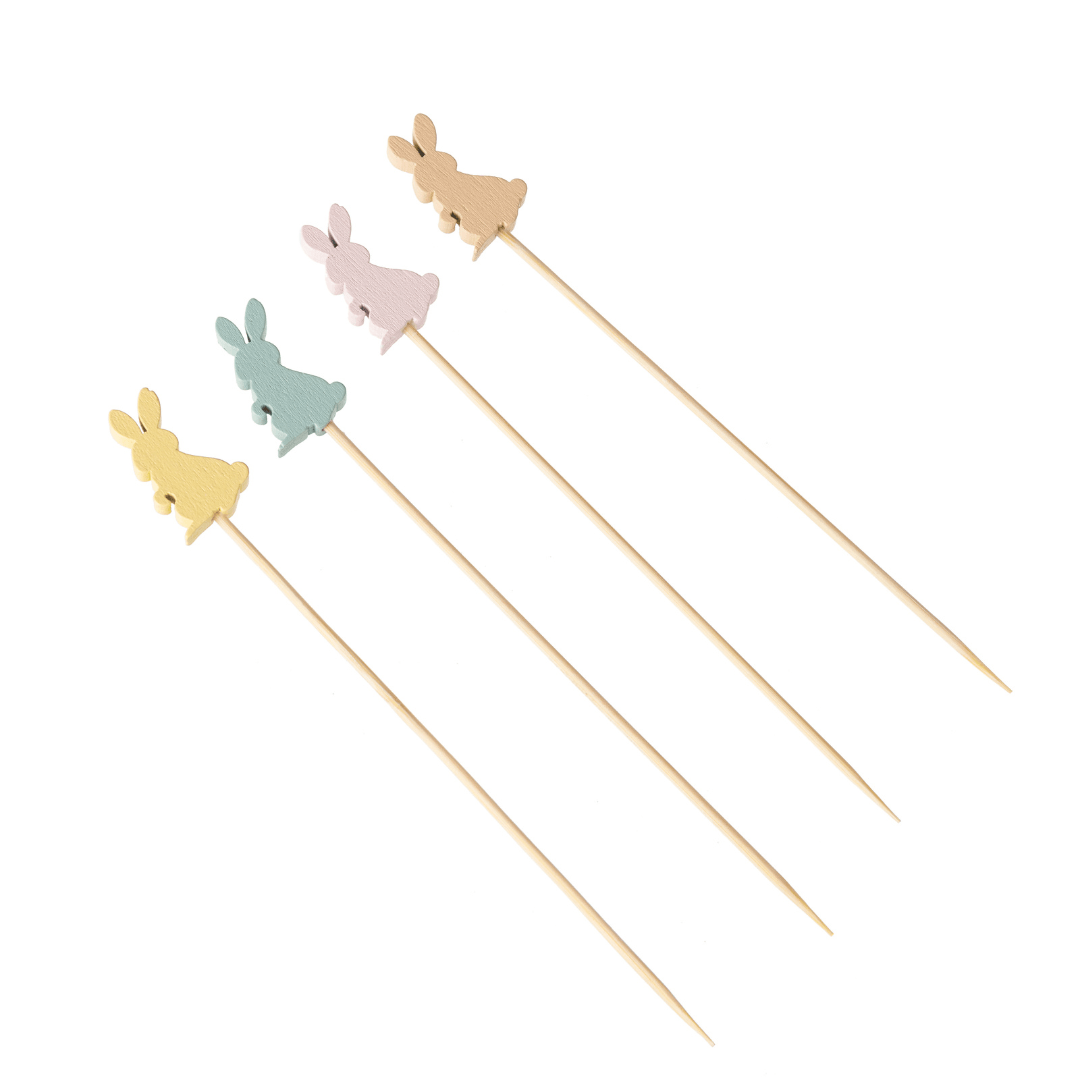 Jogo de Palitos para Petiscos em Bambu Coelhos Coloridos Páscoa 12cm 20 Peças