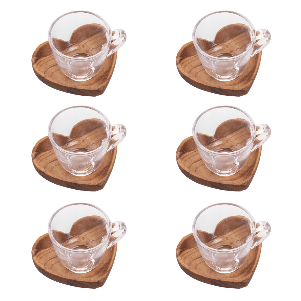 Jogo de Xícaras de Café com Pires de Coração Madeira Teca 75ml - 6 Peças