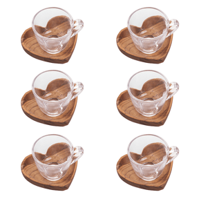 Jogo de Xícaras de Café com Pires de Coração Madeira Teca 75ml - 6 Peças