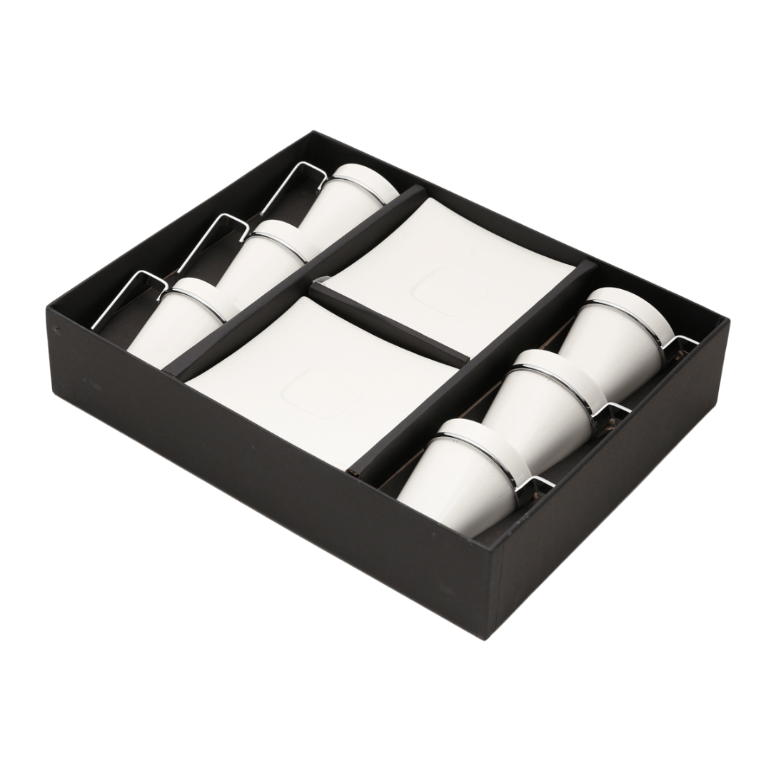 Jogo de Xícaras de Café com Pires Porcelana Alça Prata 80ml - 6 Peças