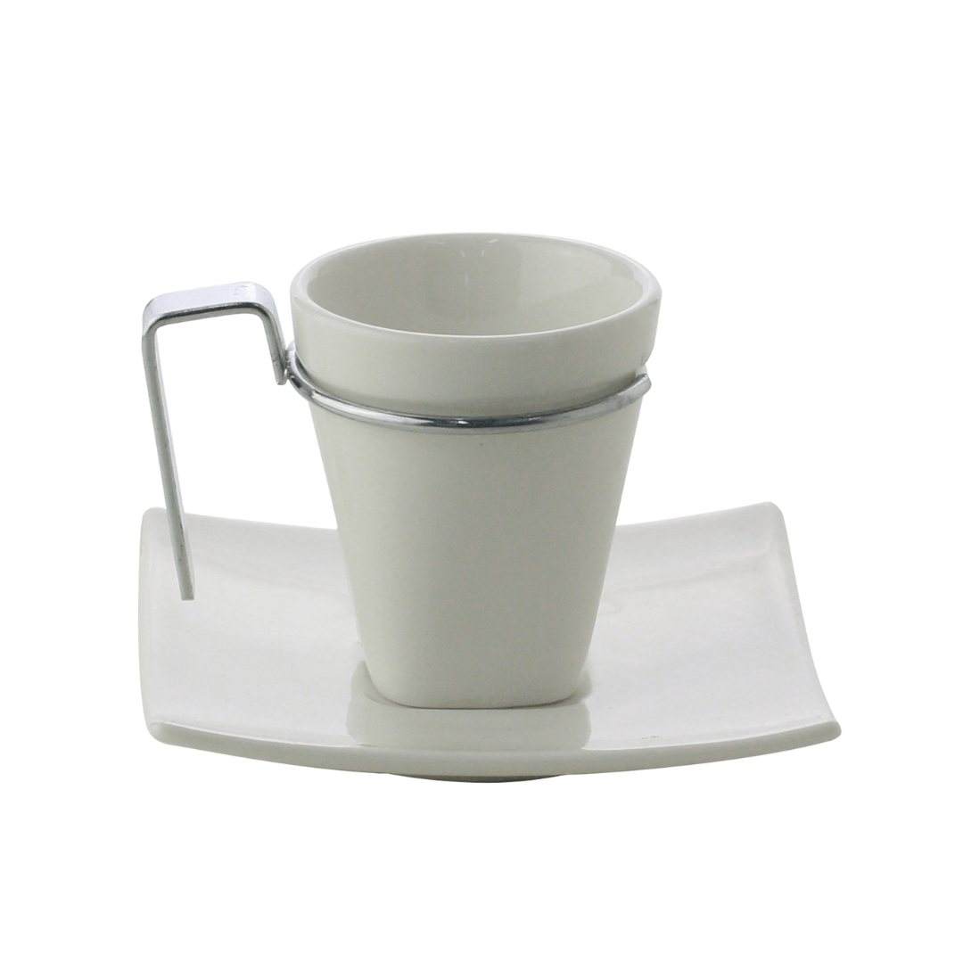 Jogo de Xícaras de Café com Pires Porcelana Alça Prata 80ml - 6 Peças
