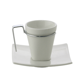Jogo de Xícaras de Café com Pires Porcelana Alça Prata 80ml - 6 Peças