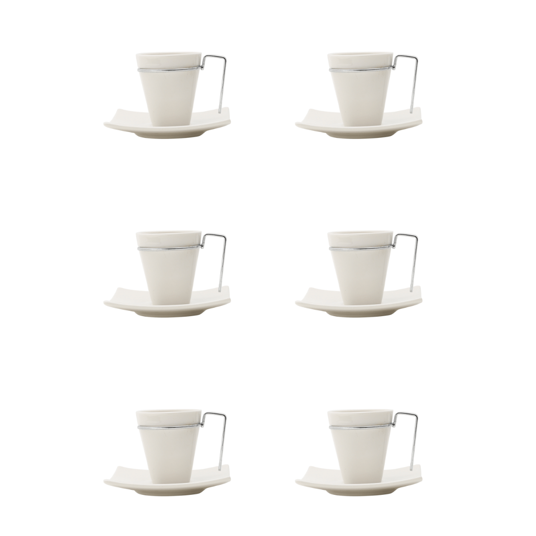 Jogo de Xícaras de Café com Pires Porcelana Alça Prata 80ml - 6 Peças