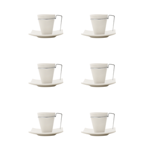 Jogo de Xícaras de Café com Pires Porcelana Alça Prata 80ml - 6 Peças