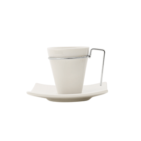 Jogo de Xícaras de Café com Pires Porcelana Alça Prata 80ml - 6 Peças