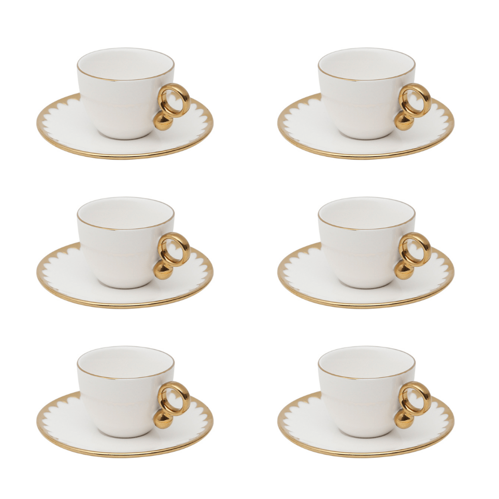 Jogo de Xícaras e Pires Para Café Porcelana Branco e Dourado 90ml Linha Egg 6 Peças