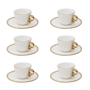 Jogo de Xícaras e Pires Para Café Porcelana Branco e Dourado 90ml Linha Egg 6 Peças