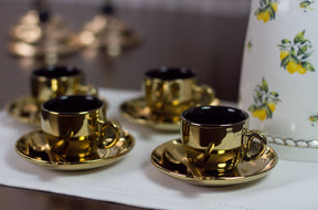 Jogo De Xícaras Luxo Para Café Com Pires E Suporte Wolff Versa 90ml 6 Peças Preto e Dourado
