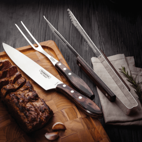 Jogo para Churrasco em Aço Inox e Cabo Castanho Polywood com Estojo 3 Peças Tramontina