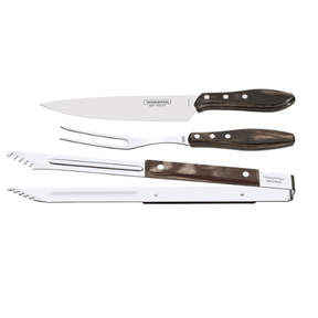 Jogo para Churrasco em Aço Inox e Cabo Castanho Polywood com Estojo 3 Peças Tramontina
