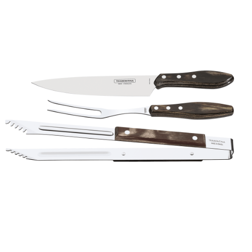 Jogo para Churrasco em Aço Inox e Cabo Castanho Polywood com Estojo 3 Peças Tramontina