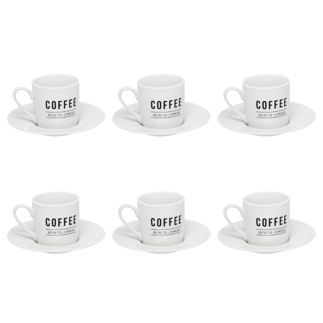 Jogo Xicara de Café com Pires em Porcelana Manhattan Branca 80ml 6 Peças