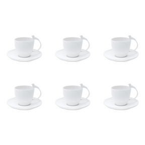 Jogo 6 Xicaras de Cha Porcelana com Pires Birds Branco 200ml
