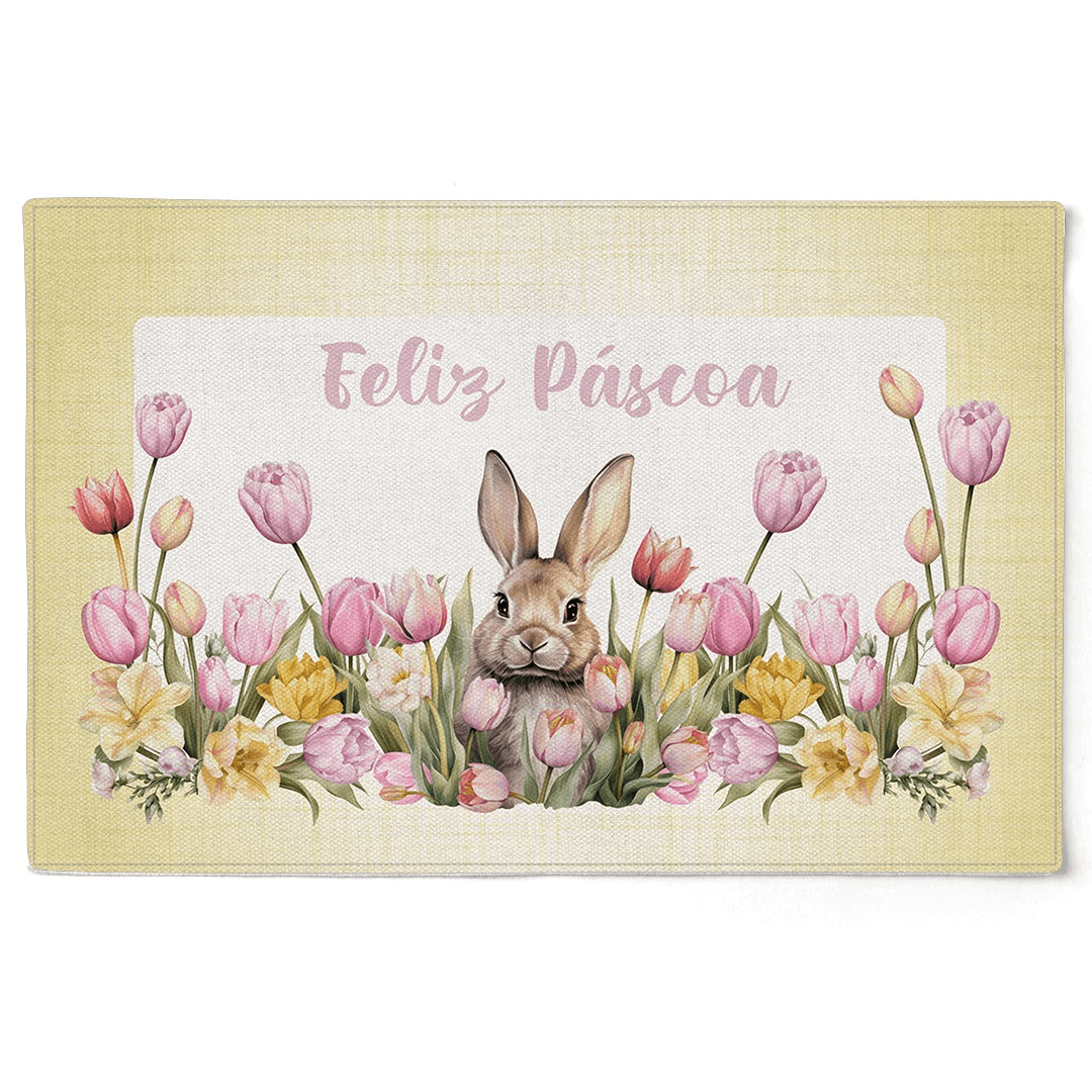 Kit 2 Jogos Americano Retangular Feliz Páscoa Coelho Branco e Amarelo 48cm