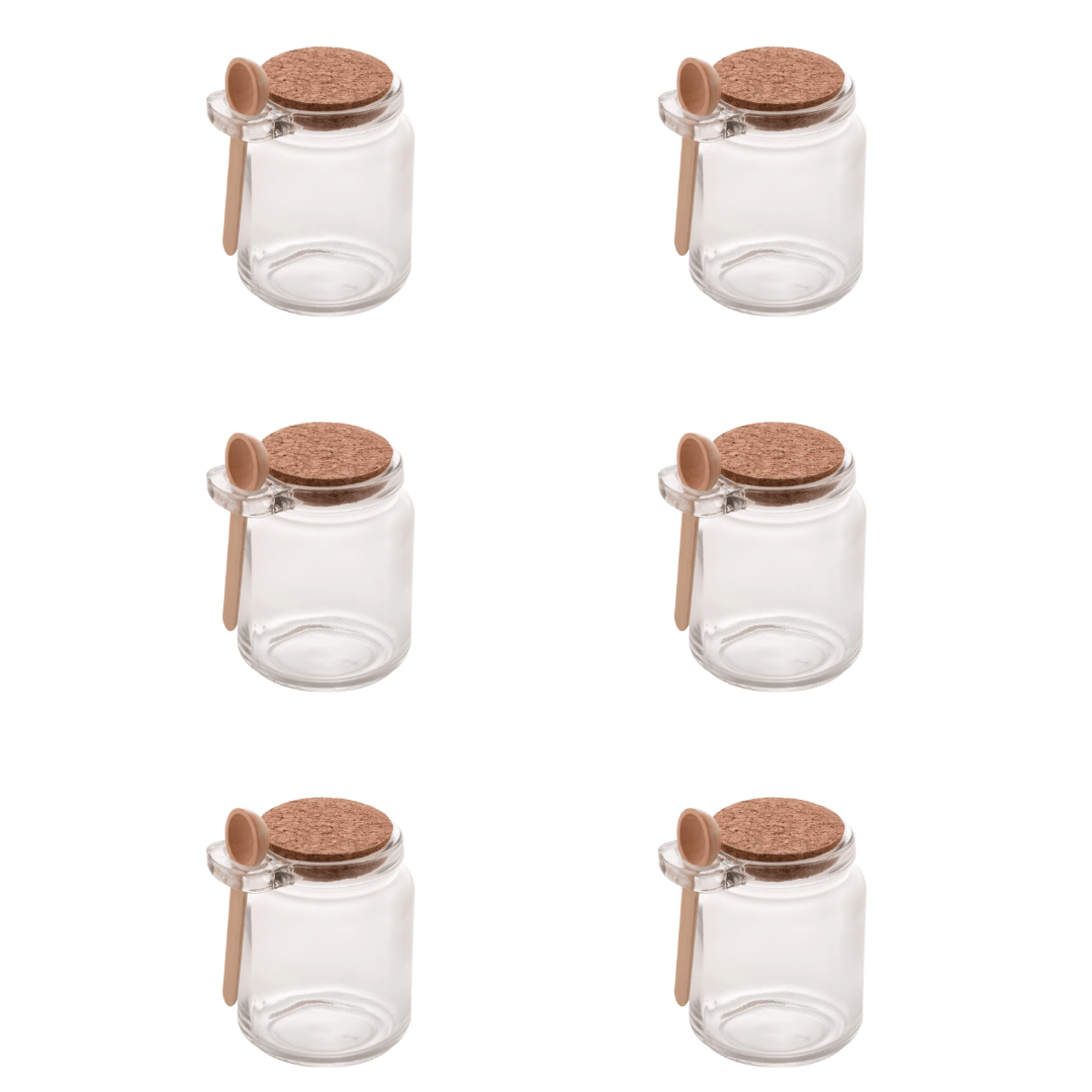 Kit 6 Potes de Vidro Tampa Rolha com Colher Bambu 240ml