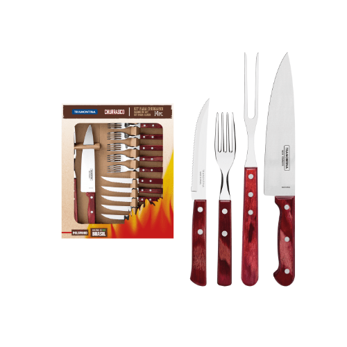 Kit Churrasco em Aço Inox com Cabo Vermelho Polywood 14 Peças Tramontina