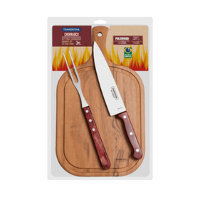 Kit Churrasco em Aço Inox e Cabo Vermelho Polywood com Tábua de Madeira 3 Peças Tramontina