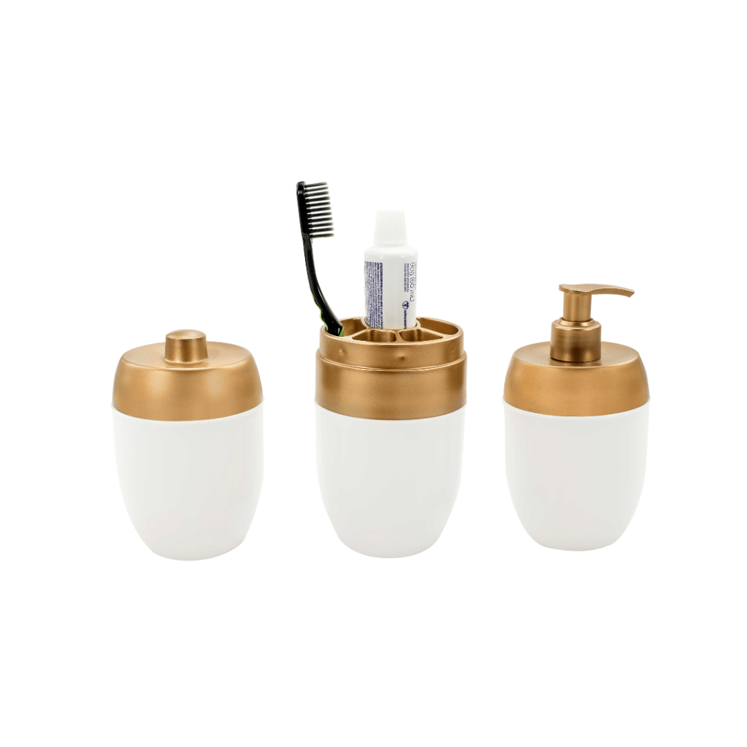 Kit de Acessórios Para Banheiro Lavabo Branco e Dourado 3 Peças
