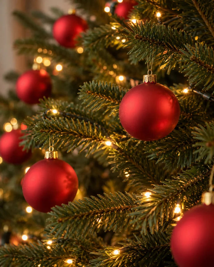 Galhos de árvore de Natal com bolas vermelhas comuns, todas iguais, sem nada pessoal