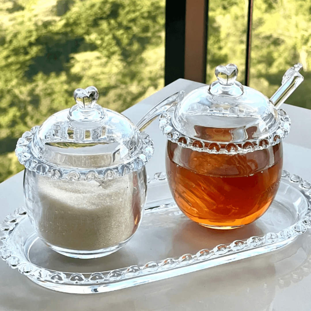 Kit Meleira + Açucareiro de Cristal Detalhes de Coração 2 Peças