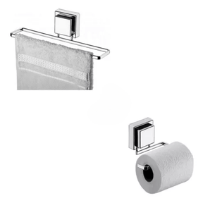 Kit Toalheiro e Porta Papel Higiênico com Ventosa Cromado - 2 Peças