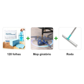 Kit 3: 120 folhas de limpeza + mop giratório + rodo
