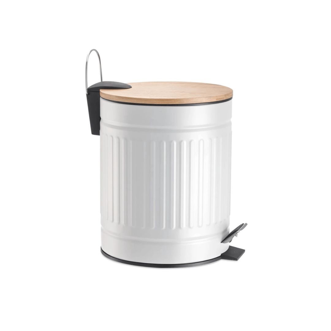 Lixeira Fluted de Metal com Tampa e Pedal de Bambu Branca 3 Litros