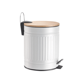 Lixeira Fluted de Metal com Tampa e Pedal de Bambu Branca 5 Litros