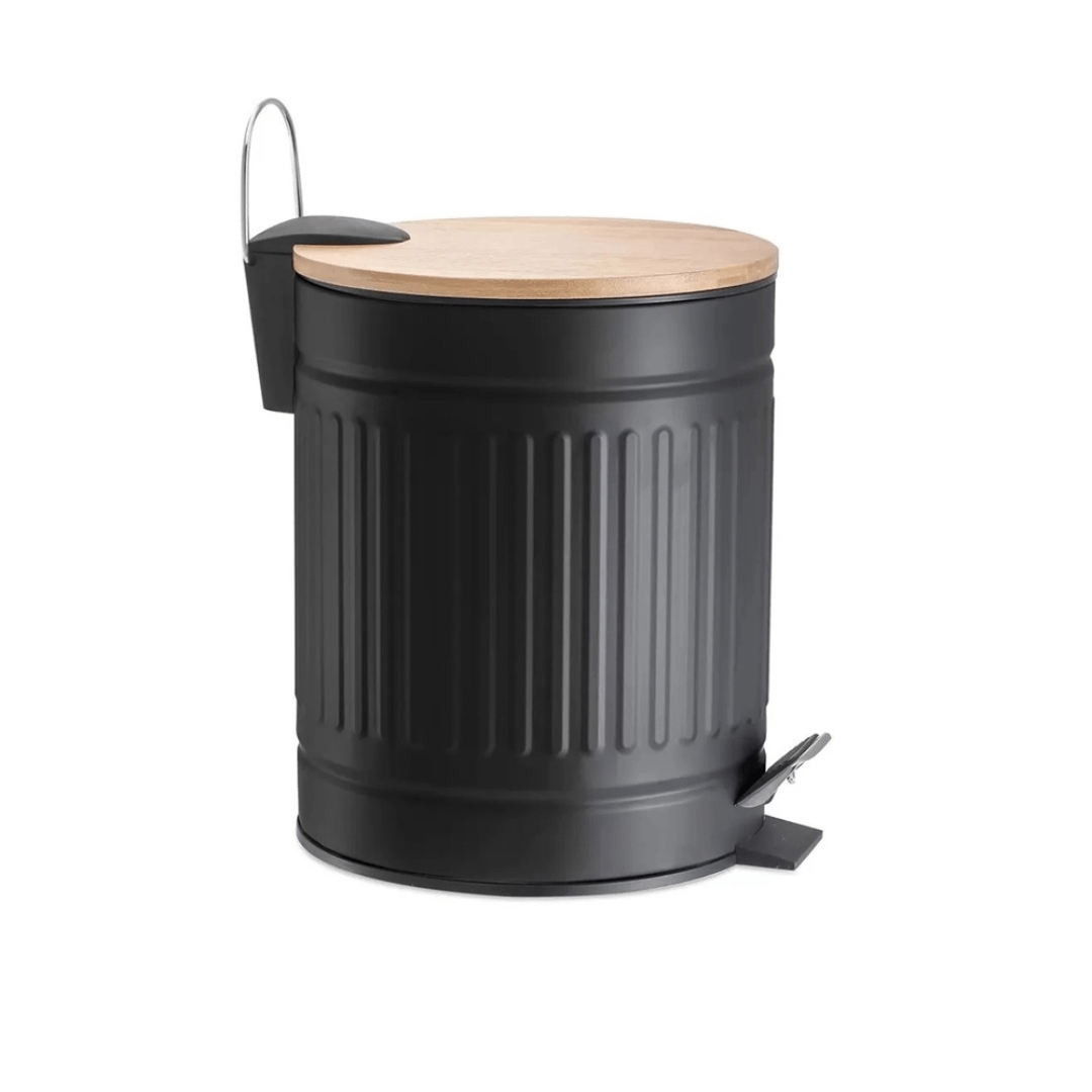 Lixeira Fluted de Metal com Tampa e Pedal de Bambu Preta 5 Litros