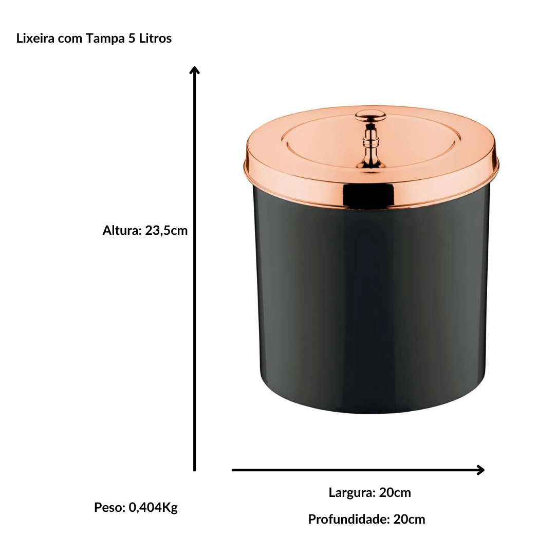 Lixeira Preta com Tampa Rose Gold 5 Litros