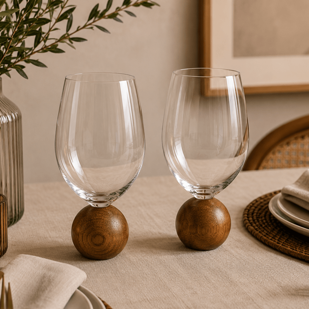 Jogo 2 Taças Base Esfera para Vinho Madeira Acacia e Cristal 520ml