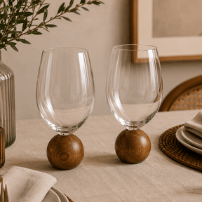Jogo 2 Taças Base Esfera para Vinho Madeira Acacia e Cristal 520ml