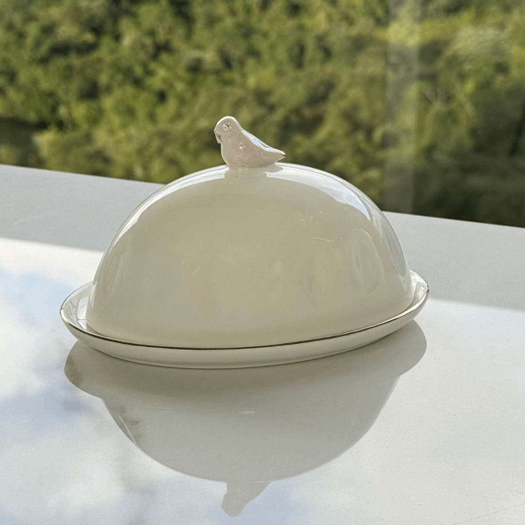 Manteigueira com Tampa em Porcelana Birds Branca 16cm