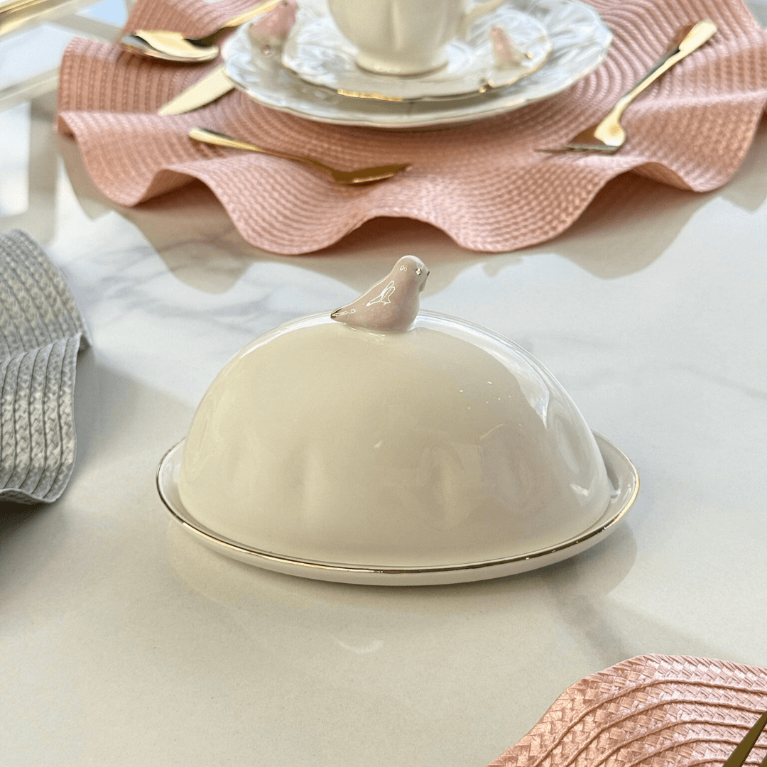 Manteigueira com Tampa em Porcelana Birds Branca 16cm