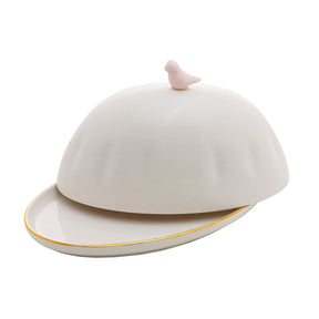 Manteigueira com Tampa em Porcelana Birds Branca 16cm