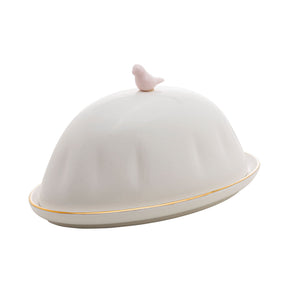 Manteigueira com Tampa em Porcelana Birds Branca 16cm