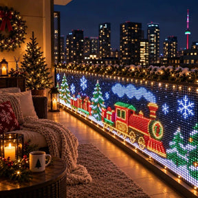 Painel de LED na grade da sacada mostrando um trenzinho de Natal, árvores e flocos de neve