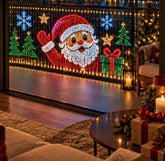 Painel de LED na sacada mostrando Papai Noel, árvores, presente e flocos de neve