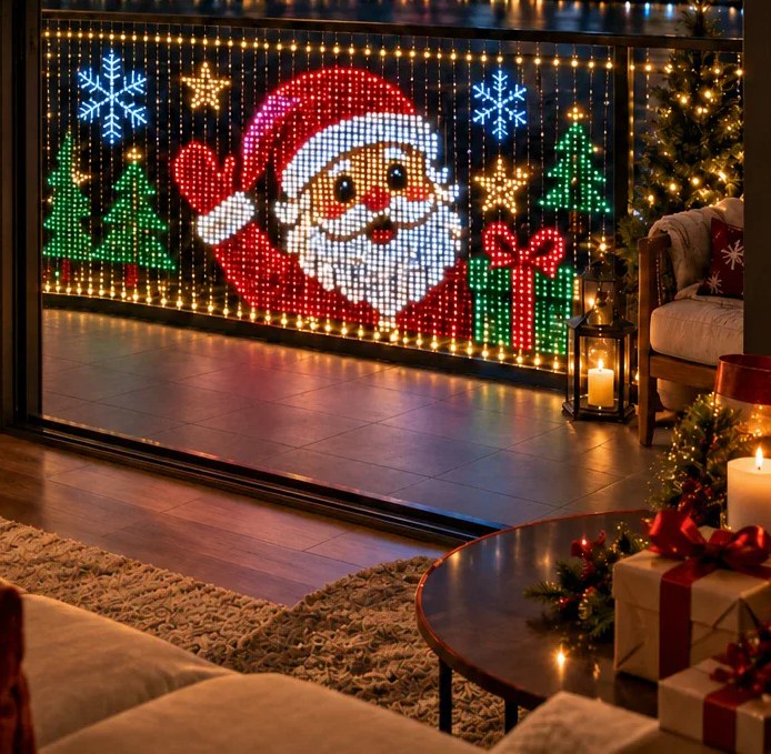 Painel de LED na sacada mostrando Papai Noel, árvores, presente e flocos de neve