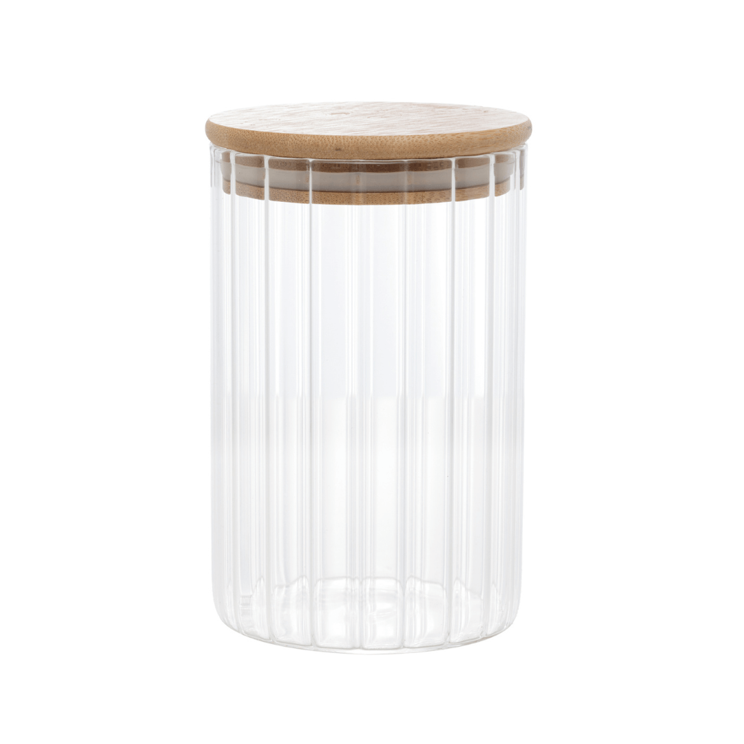 Pote de Vidro Canelado com Tampa de Bambu 510ml