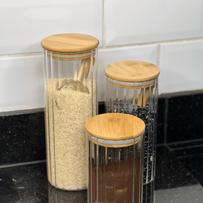 Pote de Vidro Canelado com Tampa de Bambu 510ml