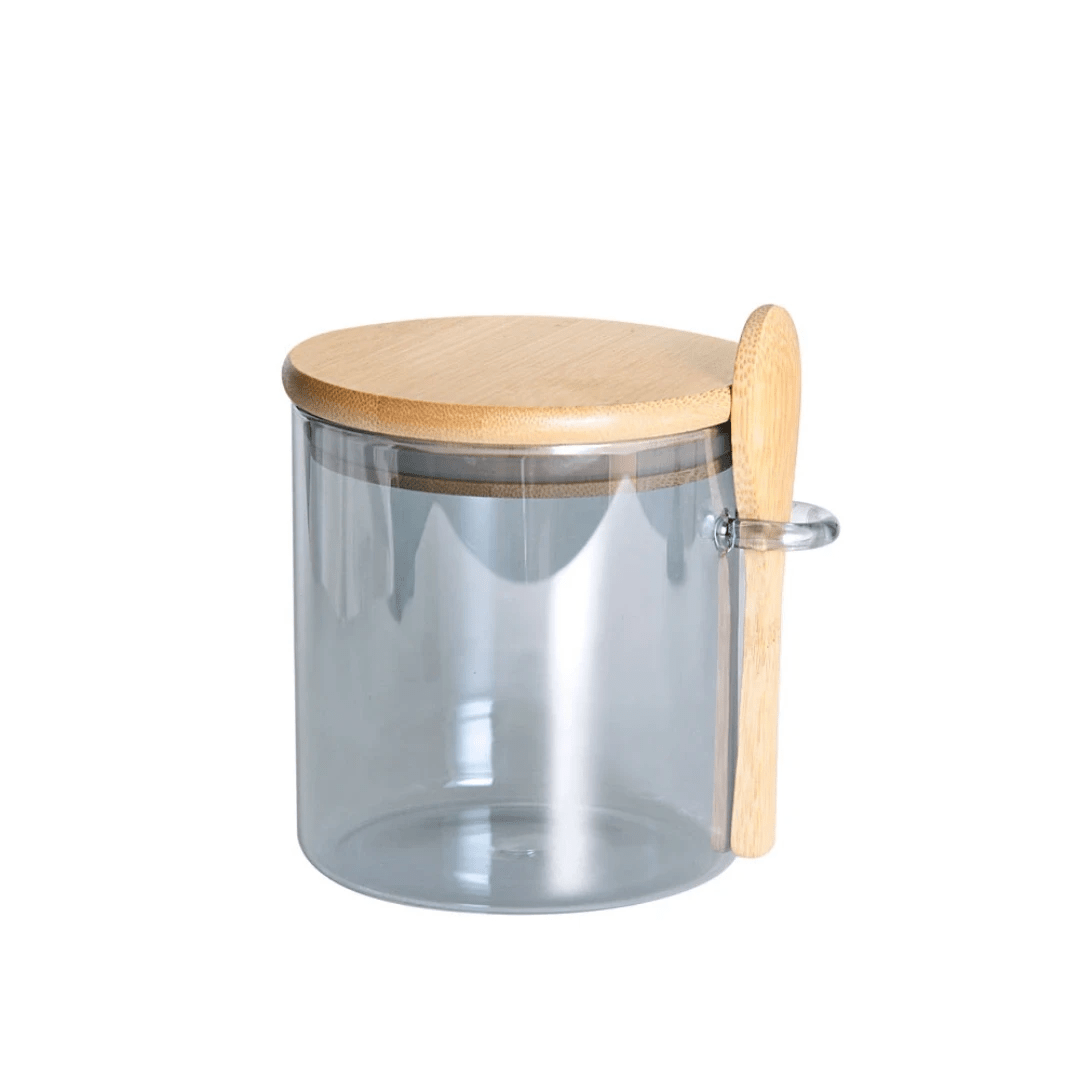 Pote Porta Mantimentos Vidro Borossilicato Cinza com Tampa e Colher de Bambu 500ml