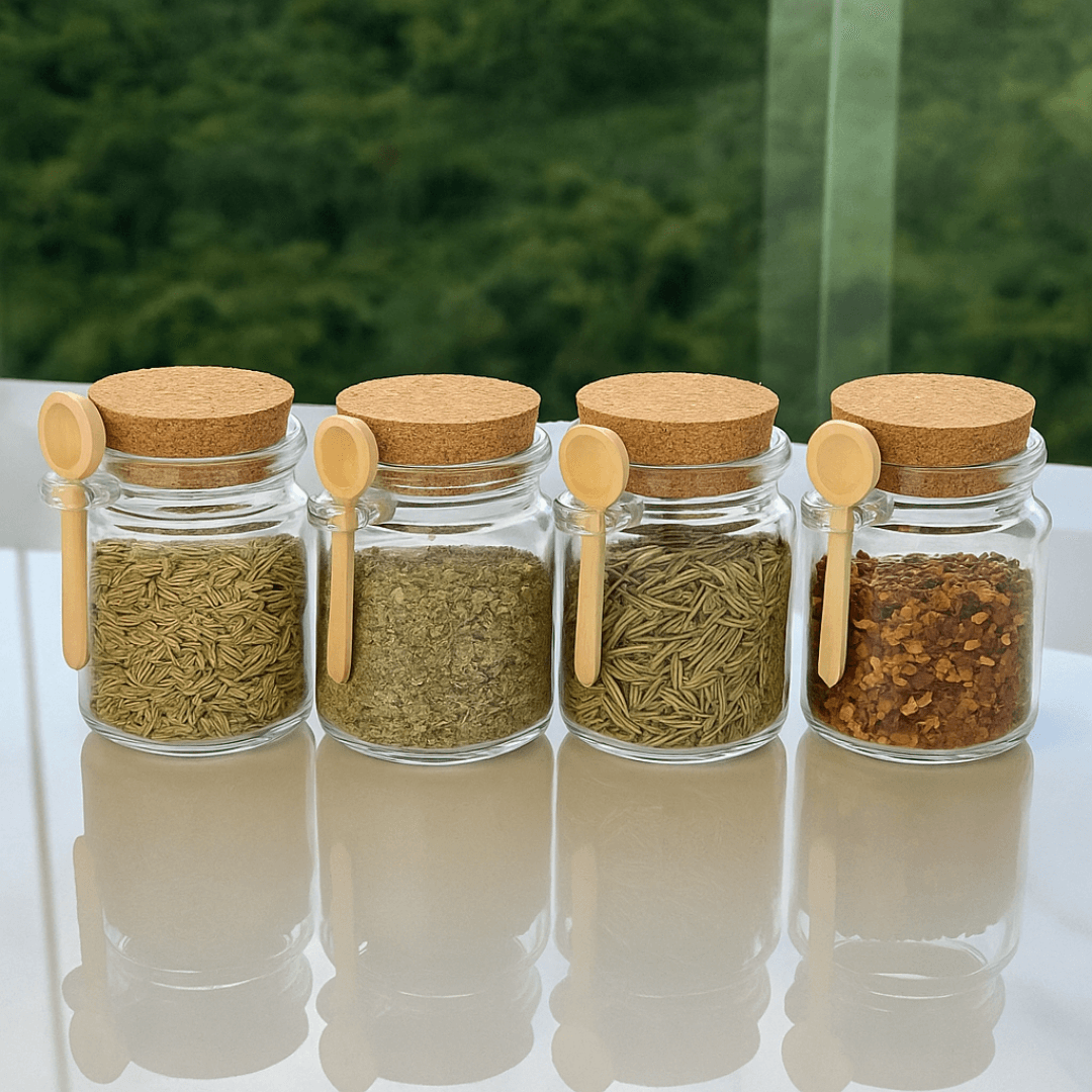 Kit 4 Potes de Vidro Tampa Rolha com Colher Bambu 240ml