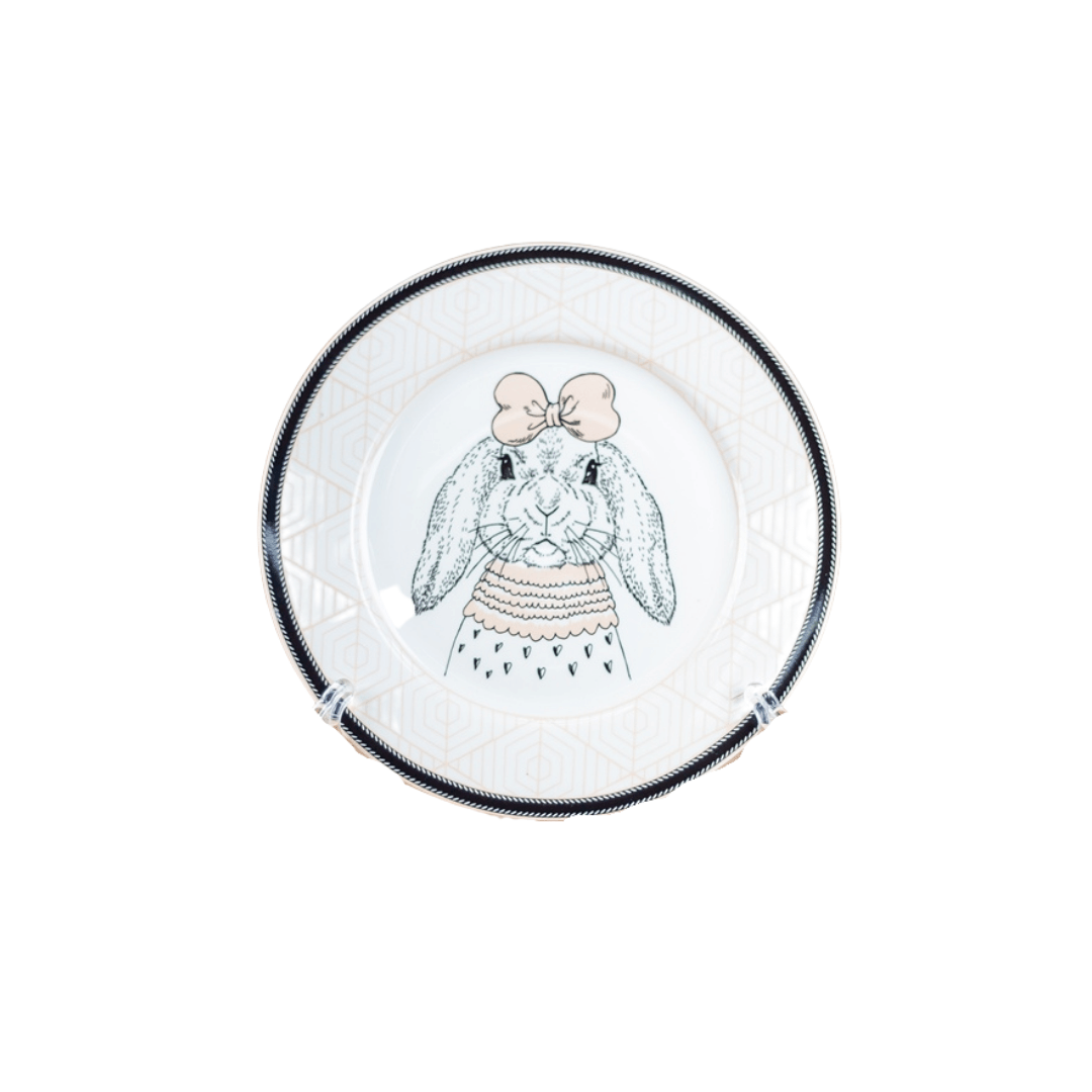Prato de Sobremesa Pascoa com Coelho Branco e Rosa 19cm