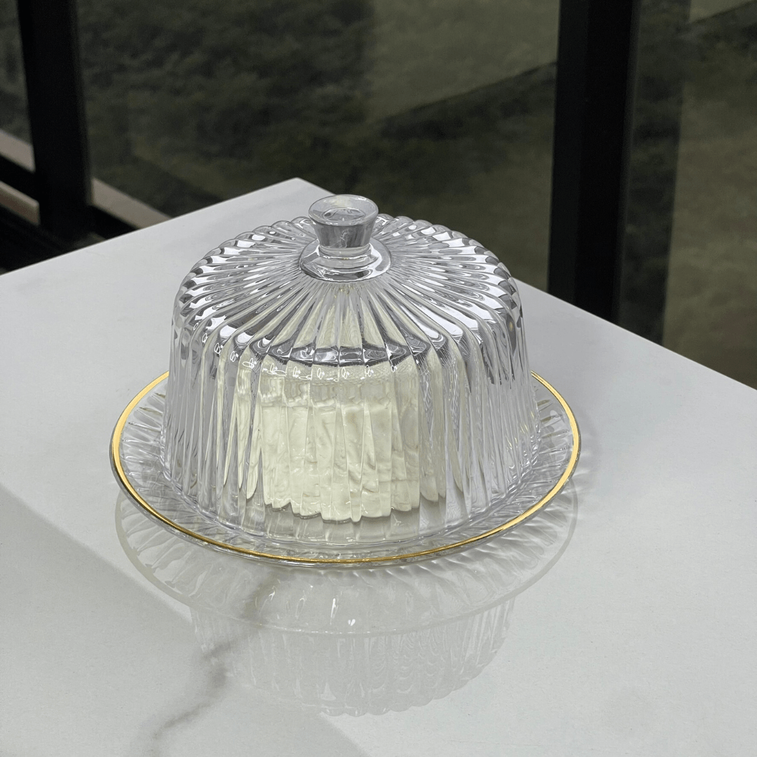 Queijeira Radial em Cristal com Tampa Fio de Ouro 20cm