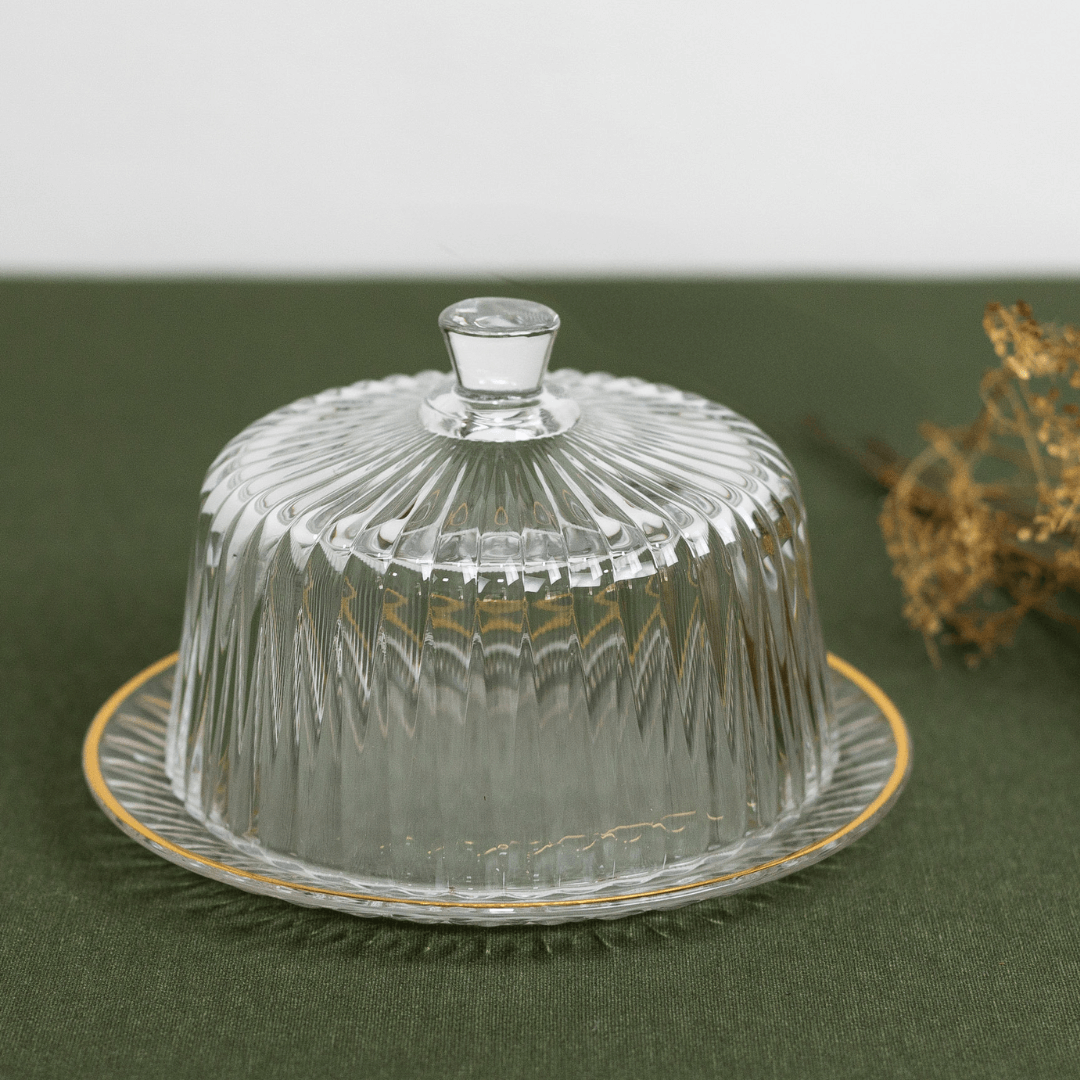 Queijeira Radial em Cristal com Tampa Fio de Ouro 20cm